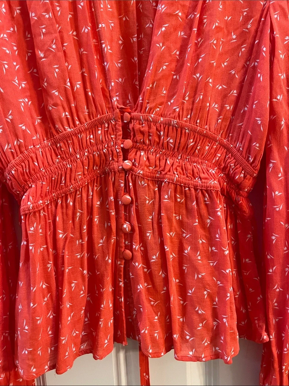 Free People Coral Orange  Printed Button-Front Peplum Blouse
